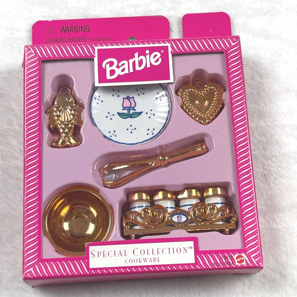 Vintage 1997 Barbie Special Collection Cookware Set Gold Whisk Spice Rack 18435